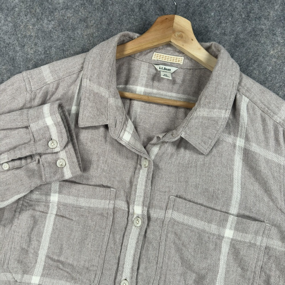 L.L.Bean 1912 Flannel Shirt Womens 2X Plus Beige Check Cotton Button Long Sleeve